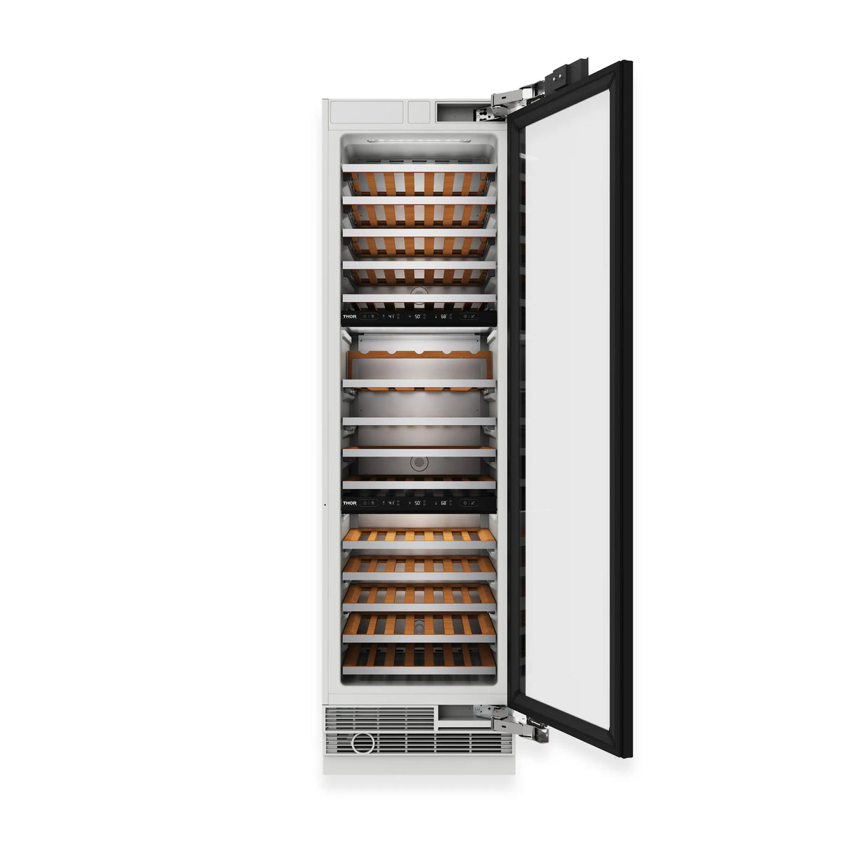 Built-in wine cooler with door open, wooden racks and metal base vent visible.