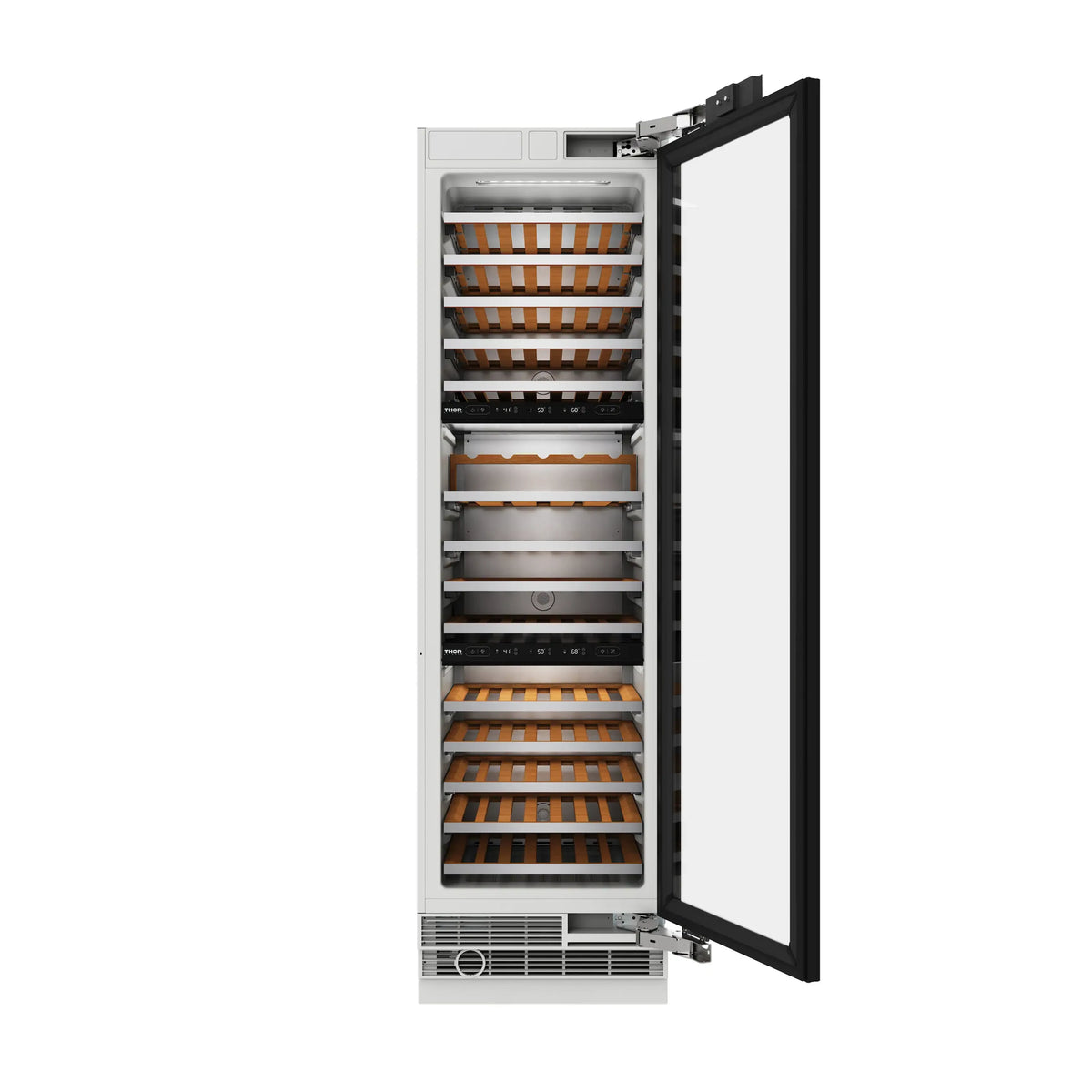 Wine cooler with open door, interior bottle racks and control display area visible