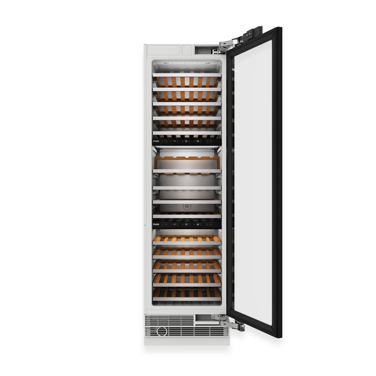 Open wine cooler door showing bottle storage racks and lower ventilation grille