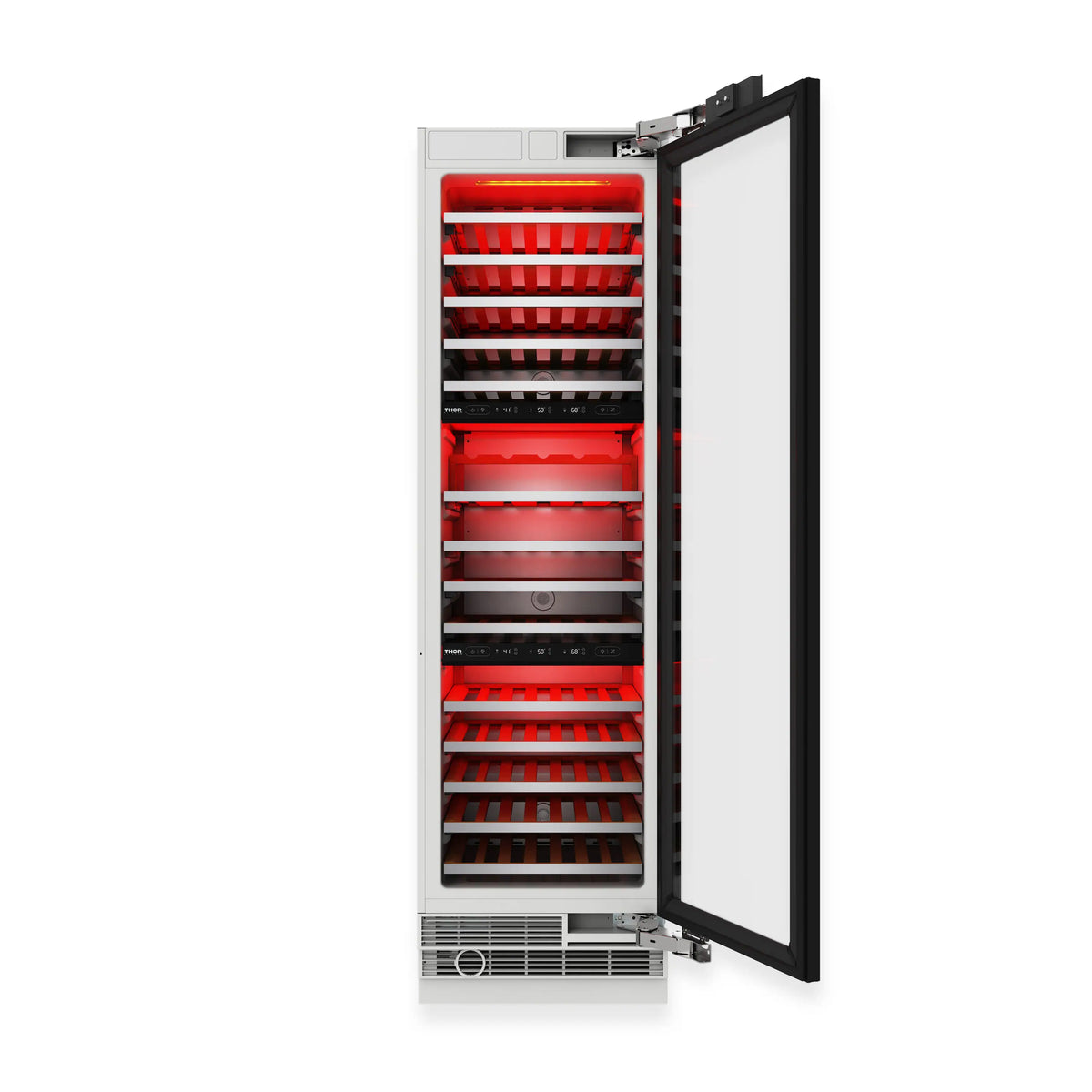 Wine cooler door open with interior light showing wooden racks.