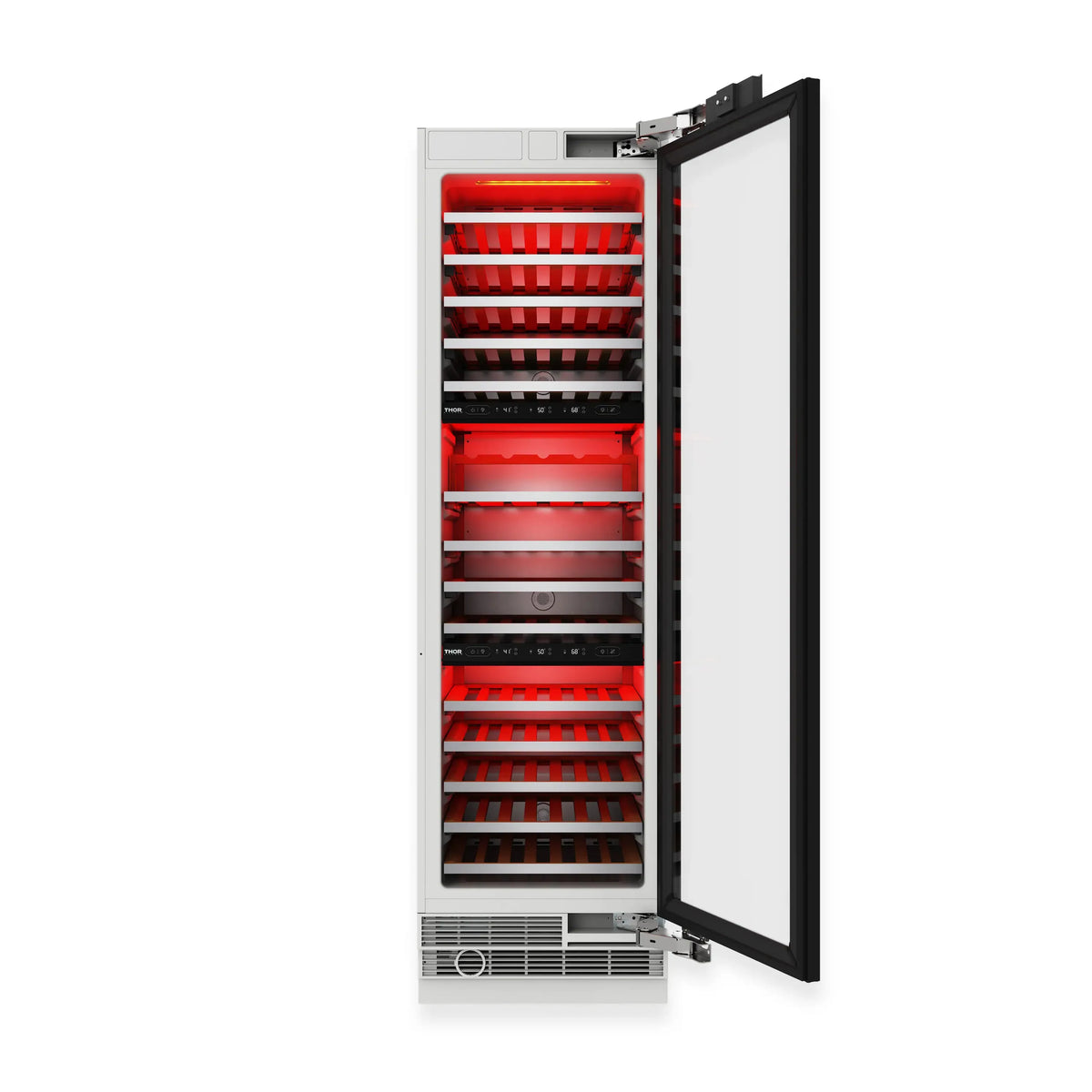 Open wine cooler with red interior lighting over bottle racks and glass viewing window