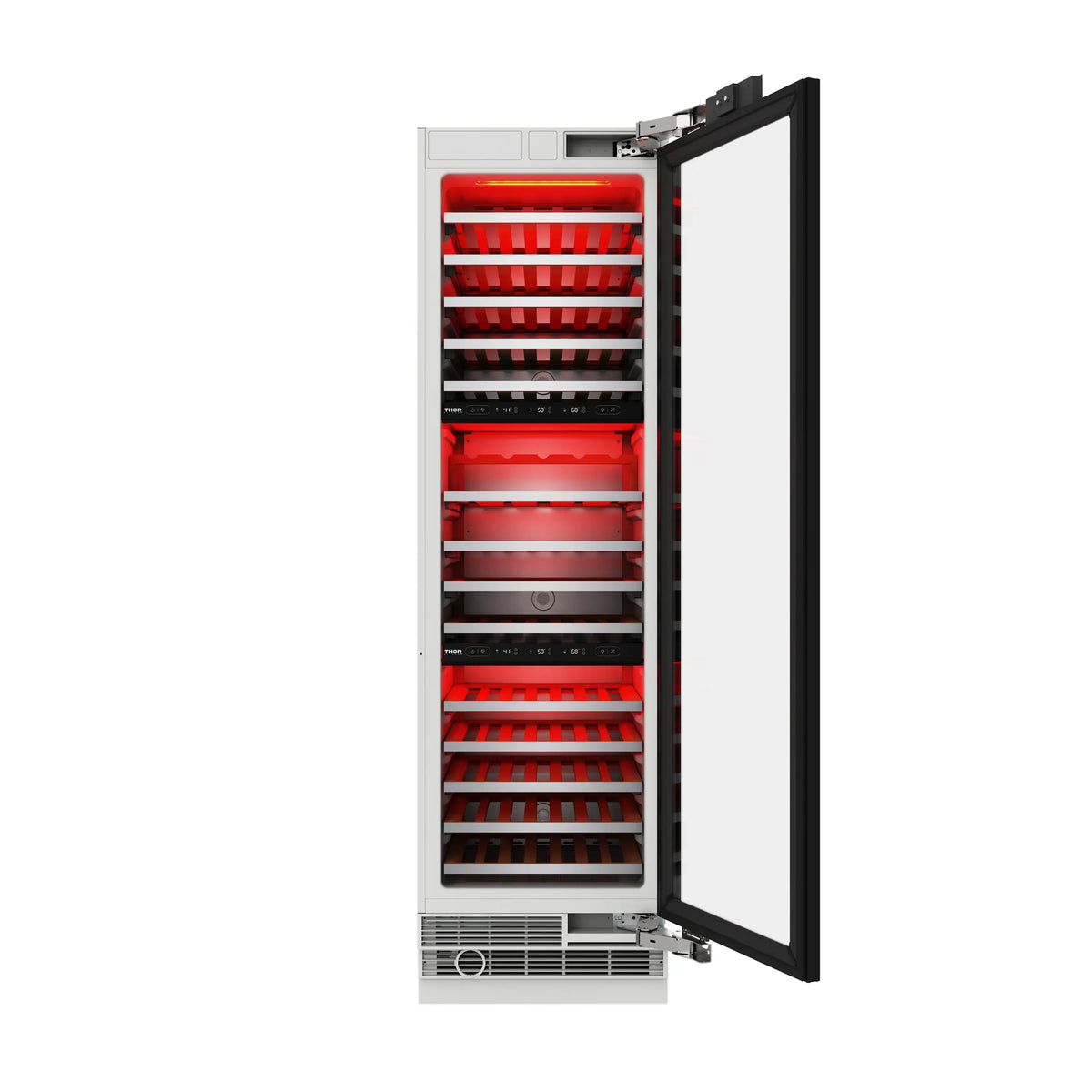 Built-in wine cooler with open door and red LED-lit racks