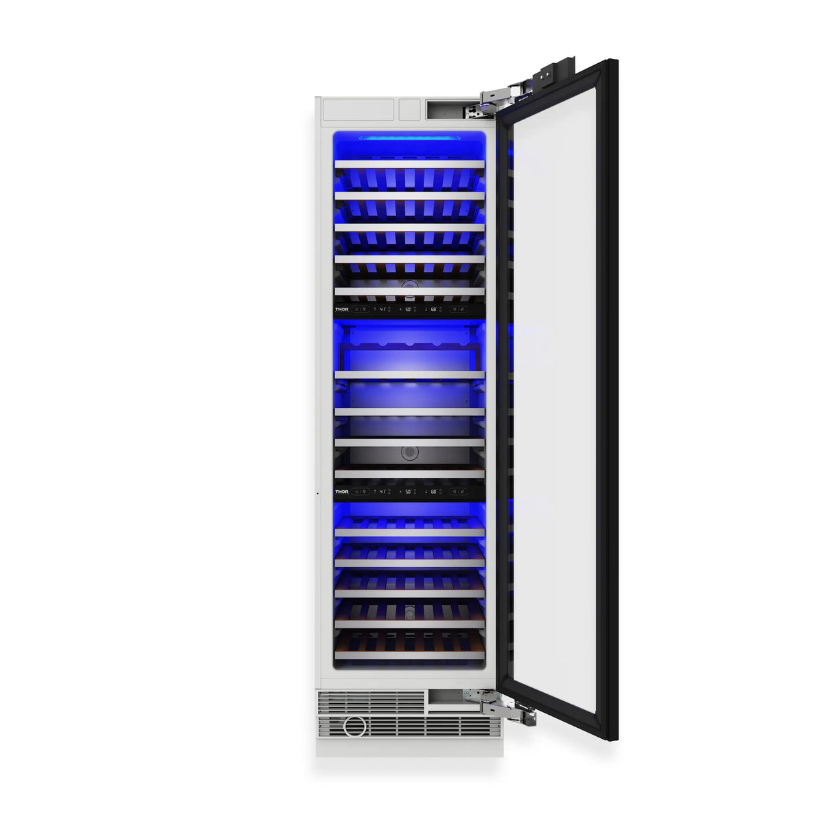 Wine cooler door open with blue interior light over wooden racks.