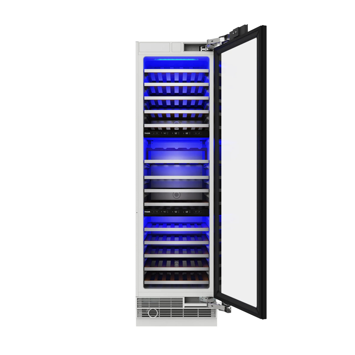 Built-in wine cooler with open door and blue LED-lit racks