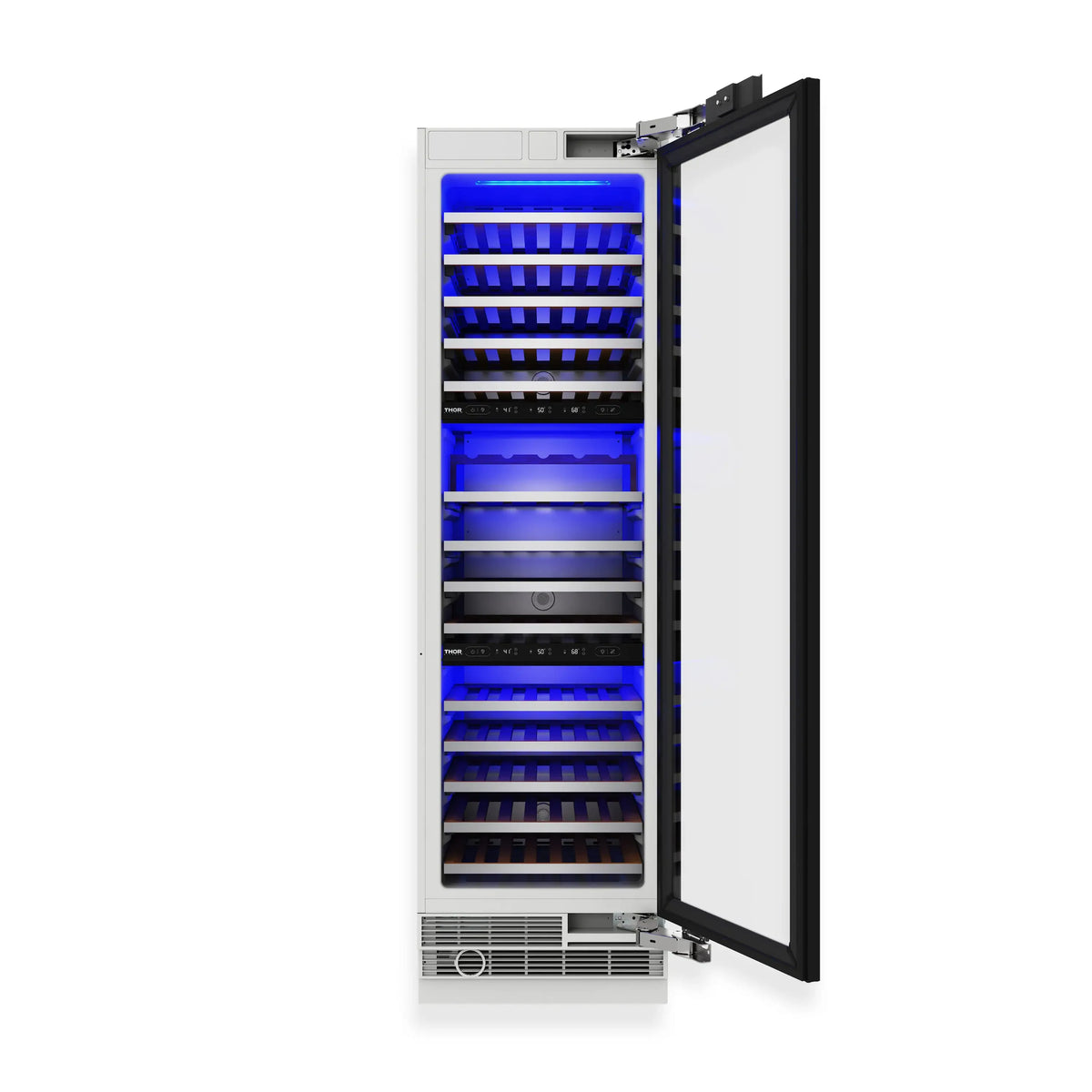 Open wine cooler with blue interior lighting highlighting bottle racks and shelving