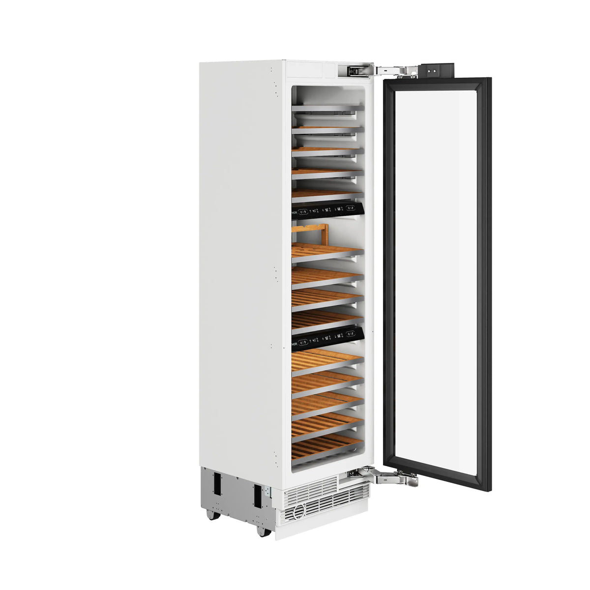 Built-in wine cooler with door open and wooden racks visible inside.