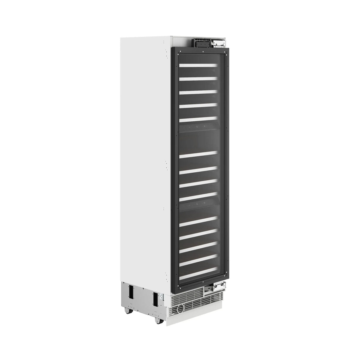 Panel-ready built-in wine cooler in white with glass door