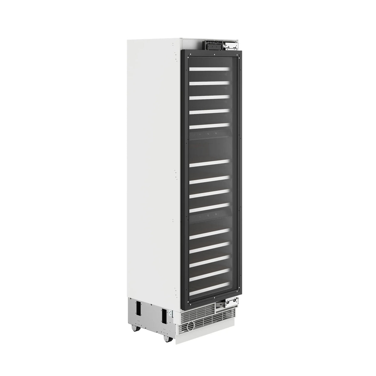 Panel-ready built-in wine cooler with glass door and interior racks