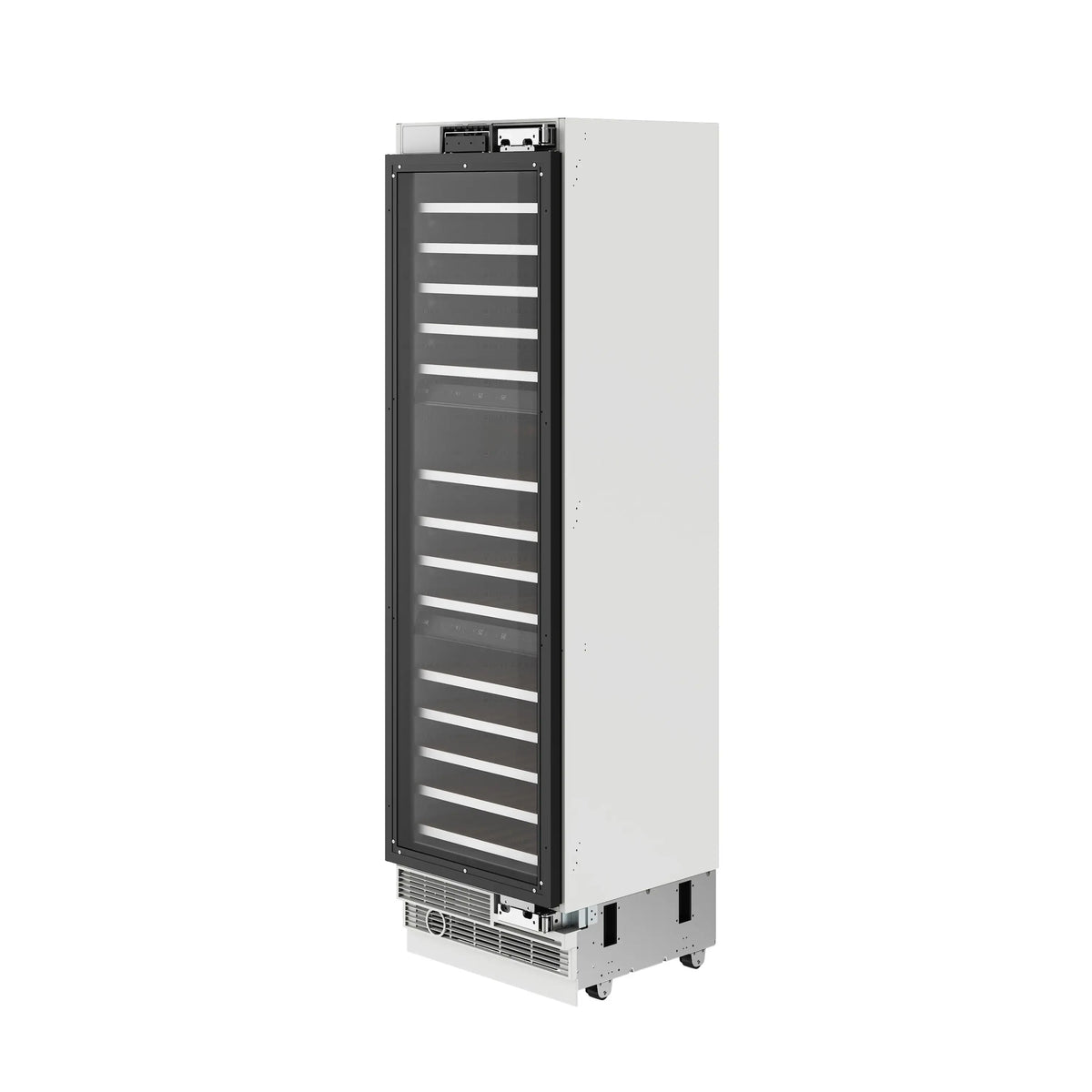 Panel-ready built-in wine cooler with dark glass door and shelves