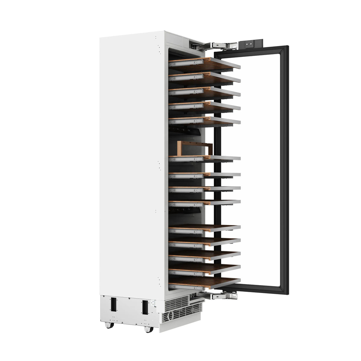 Open stainless wine cooler with wooden racks and black-trimmed door frame.