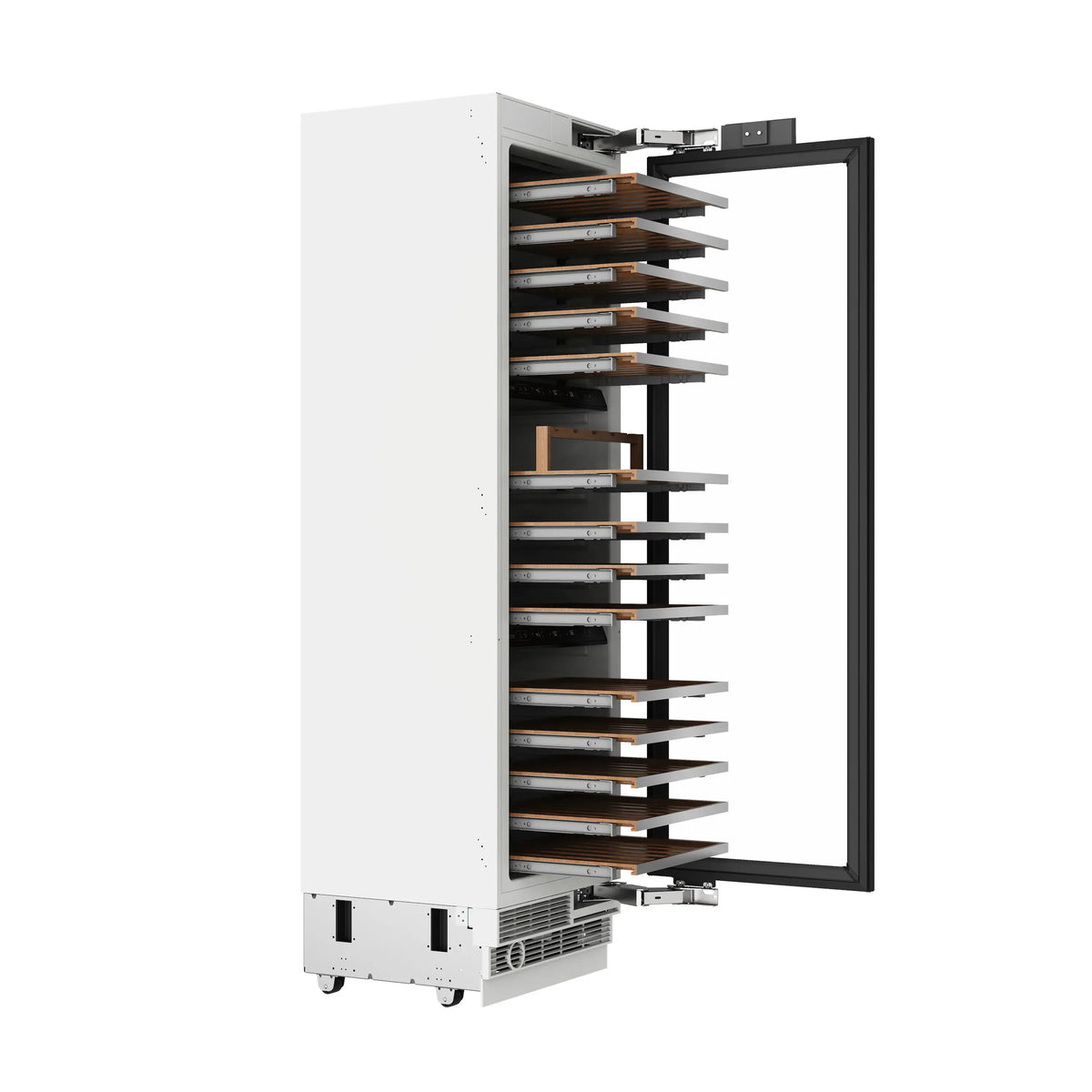 Built-in wine cooler in white with black door open, showing interior shelves