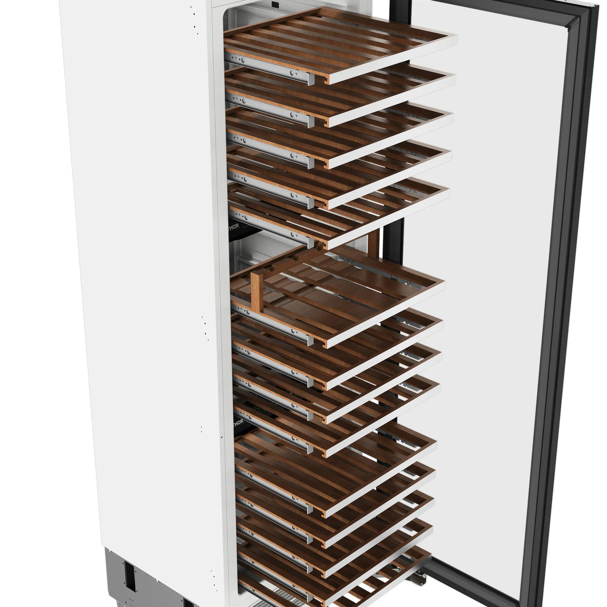 Wine cooler door open, showing rows of wooden bottle racks