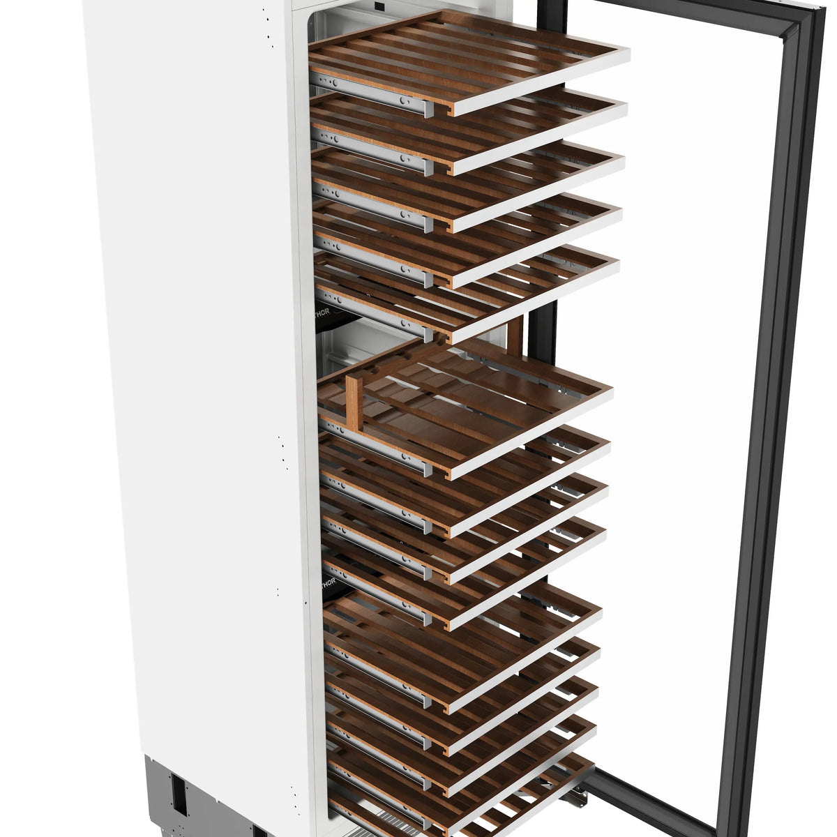 Built-in wine cooler interior with wooden racks for holding bottles