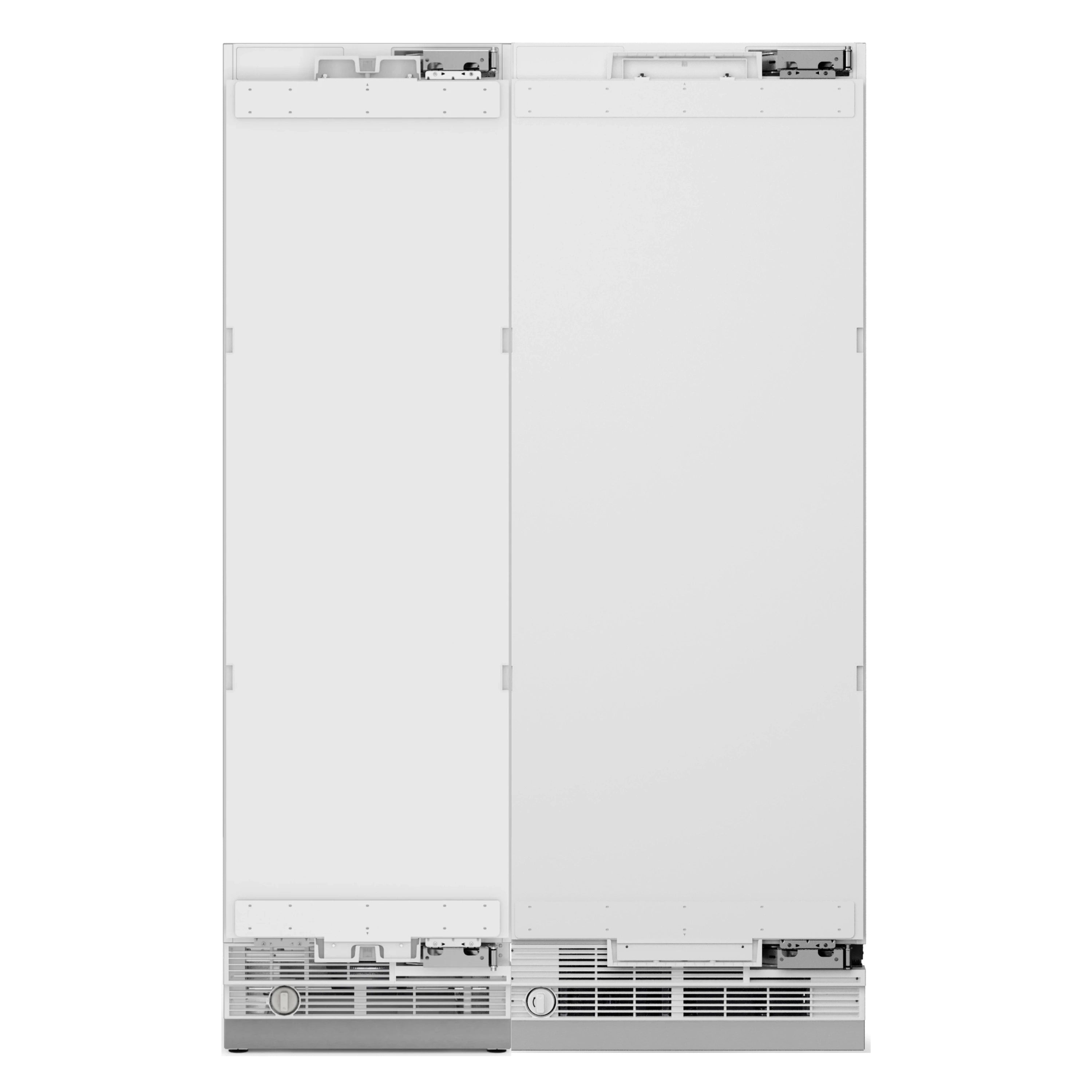Panel-ready white refrigerator/freezer column with double doors and bottom vents