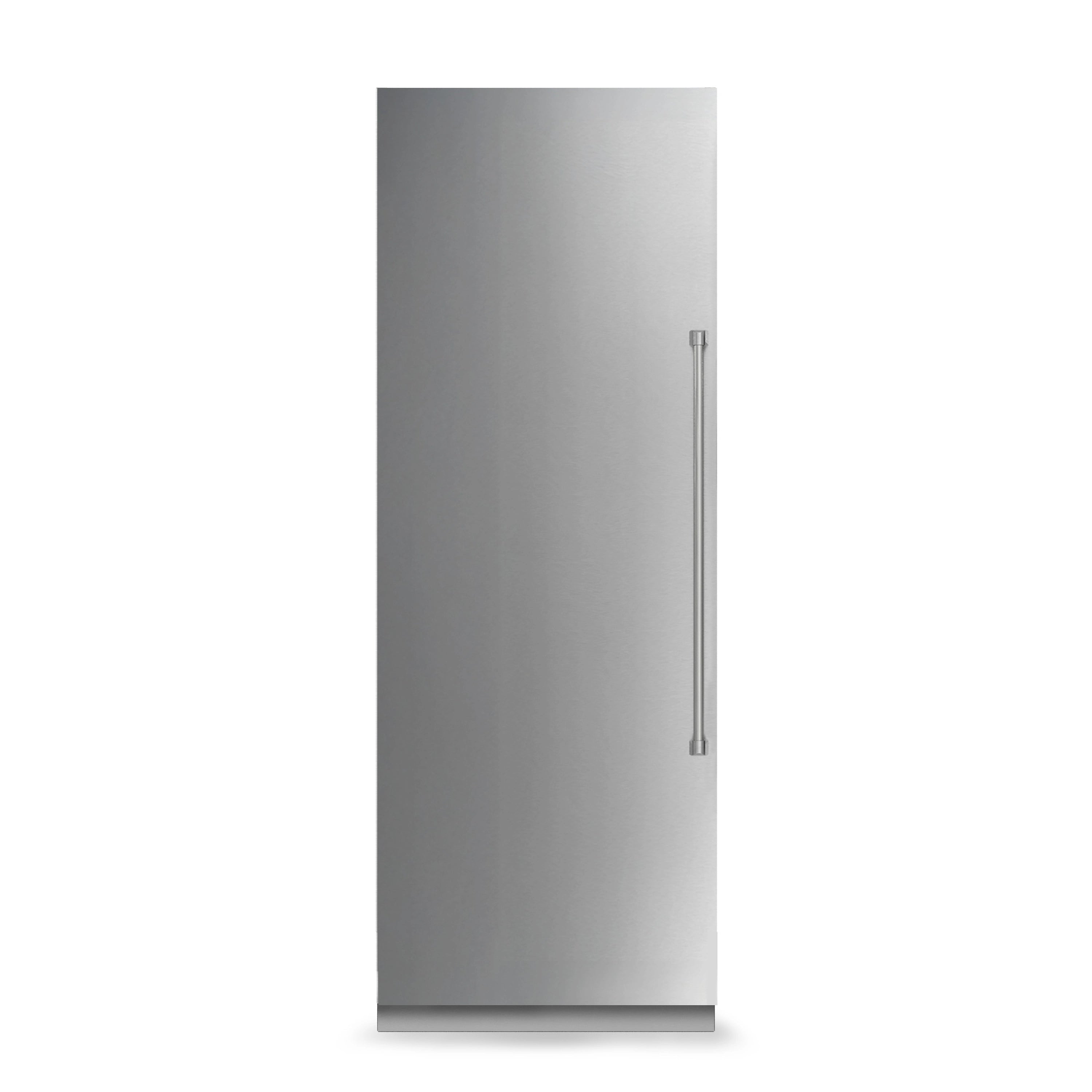 Panel-ready column refrigerator in stainless steel, side view with tall handle