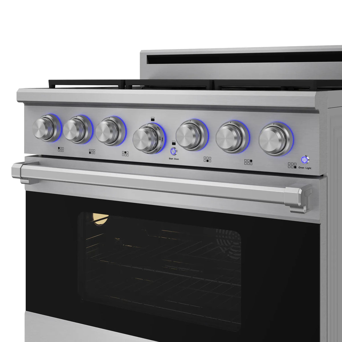 Stainless steel gas range control panel with six knobs and blue indicator lights