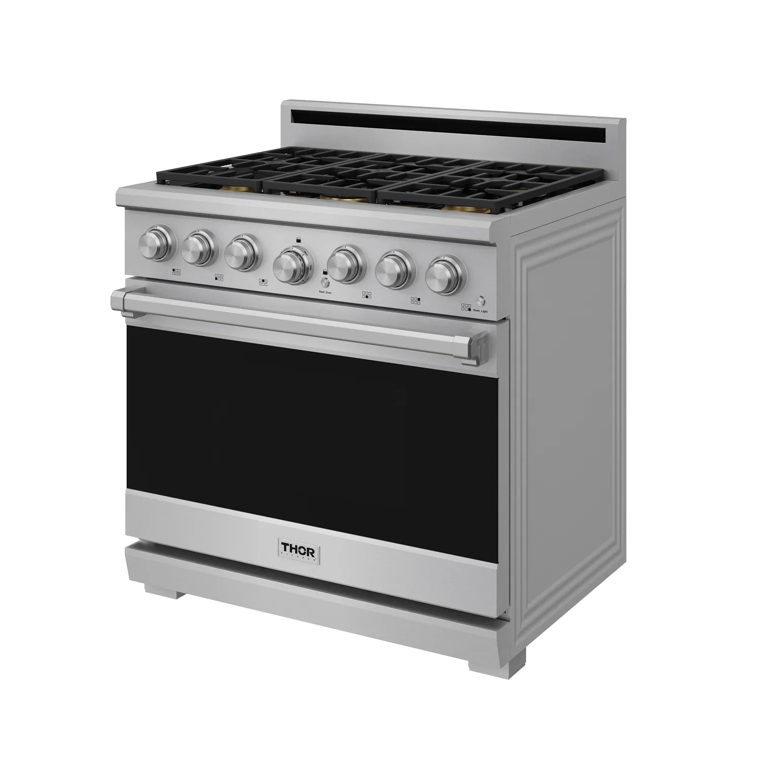 Stainless gas range front with six burner grates and control knobs