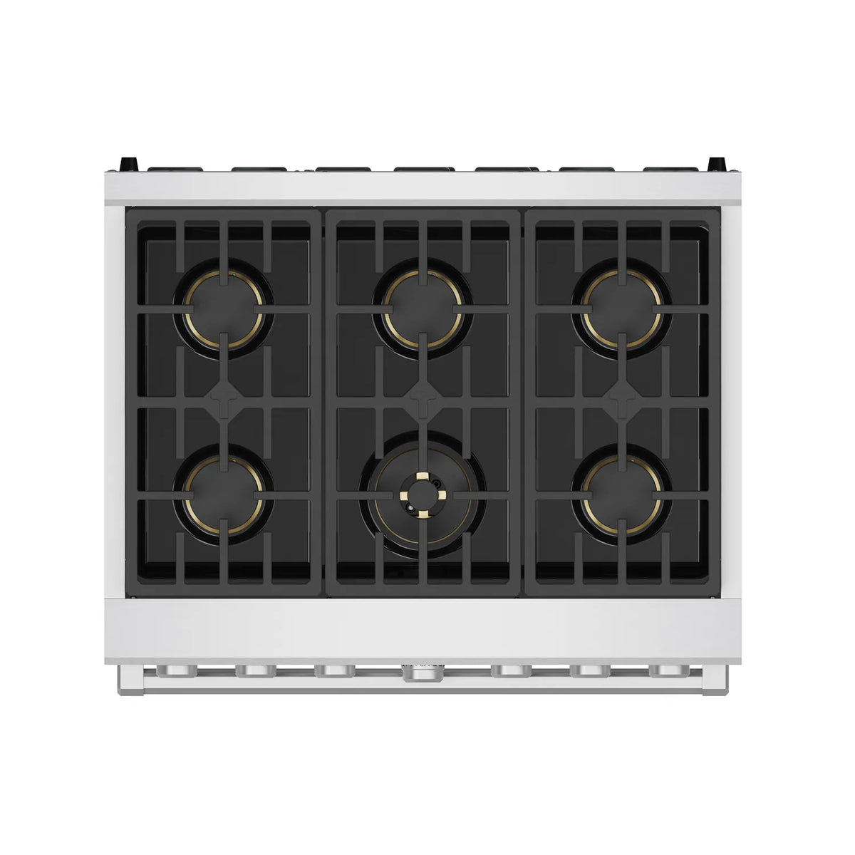 Six-burner stainless gas cooktop with black grates and gold burner rings