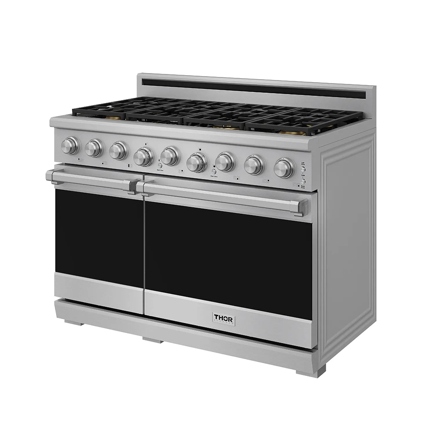 Stainless steel gas range with six burner grates and closed oven doors, angled view