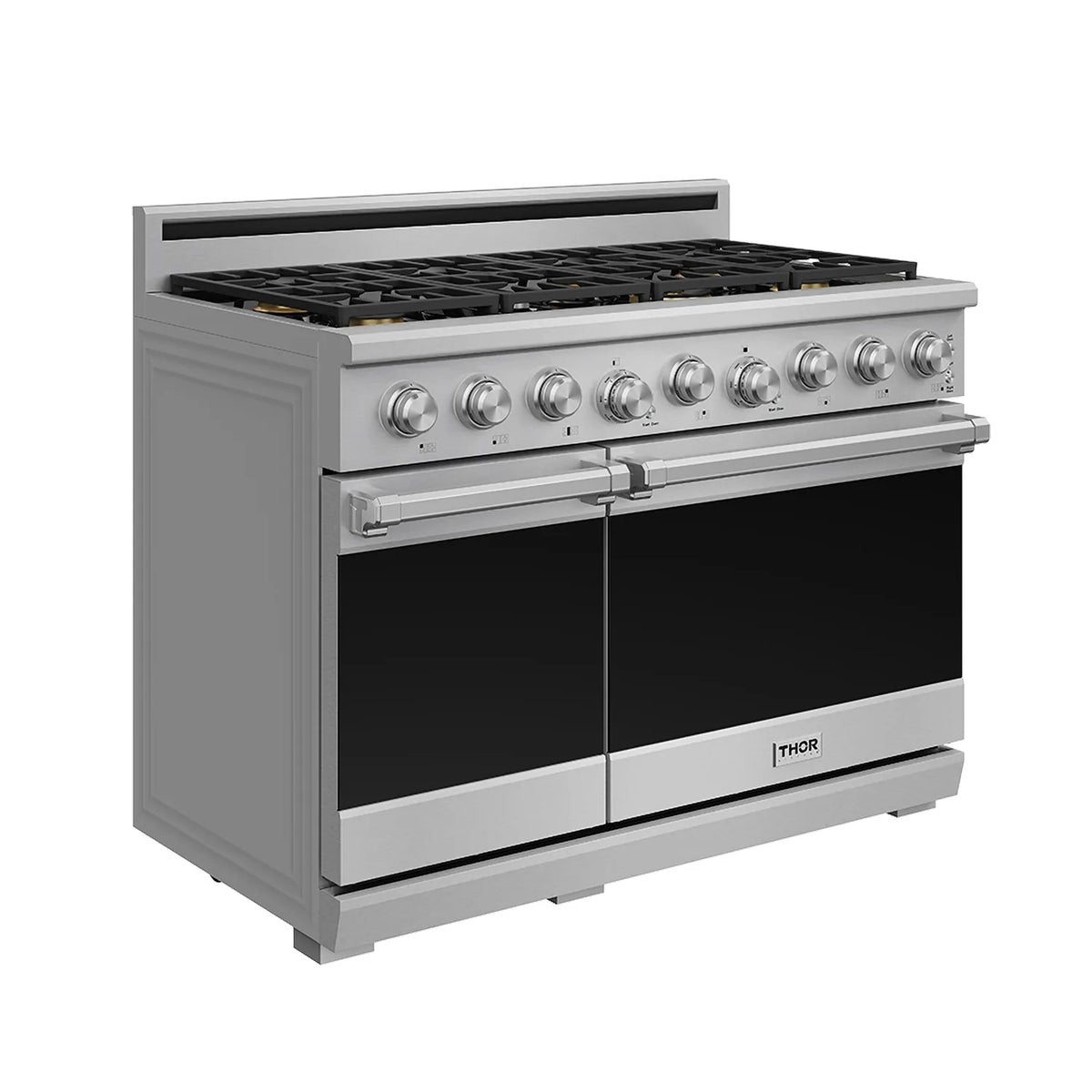 Stainless steel gas range with oven doors open and front control knobs