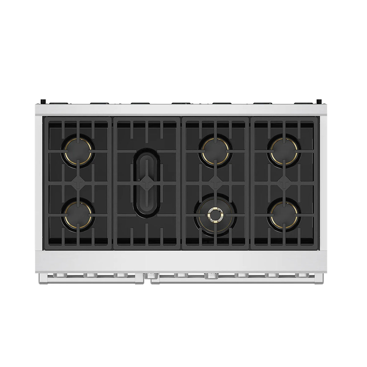 Stainless steel gas cooktop with four visible burner grates, underside view