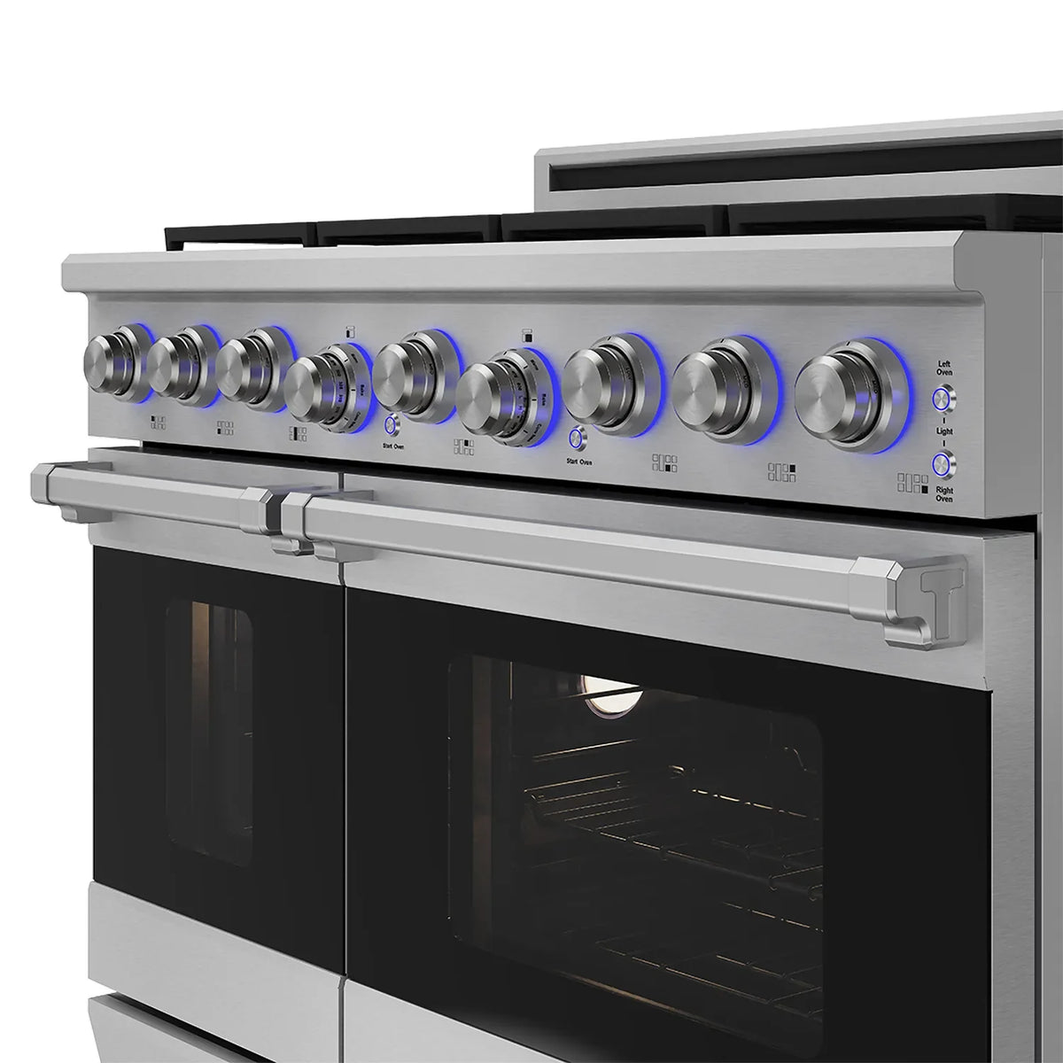 Stainless steel propane gas range control panel with knobs above dark glass oven door