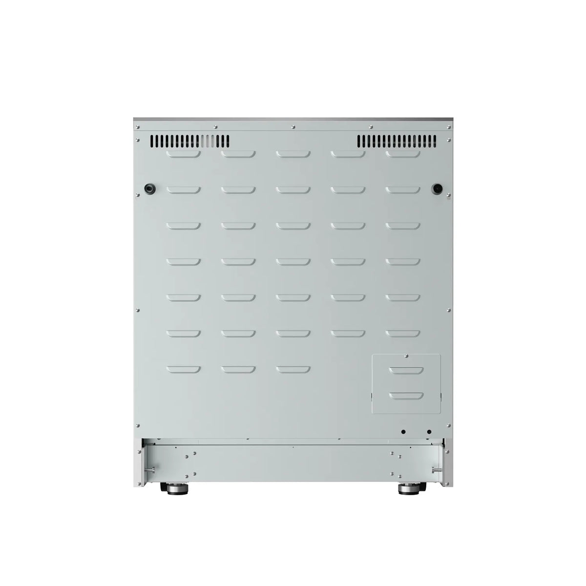 Stainless steel induction range rear vent panel with mounting feet