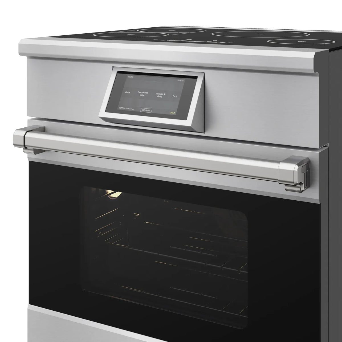 Stainless steel induction range with open oven door and control screen