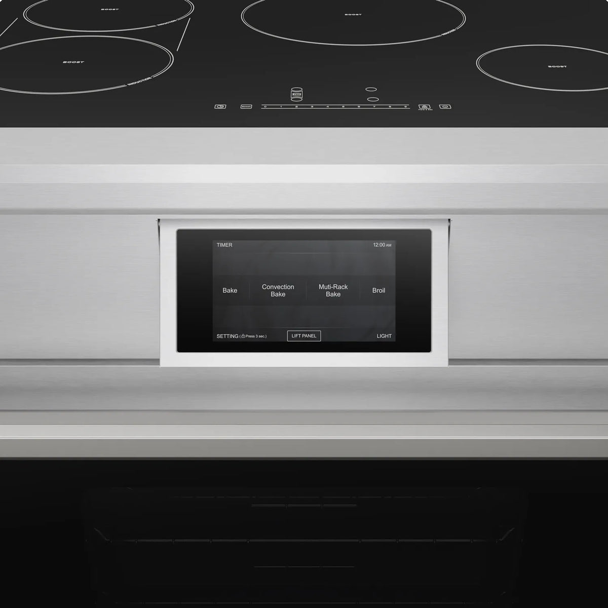 Stainless steel induction range with black glass touch control panel