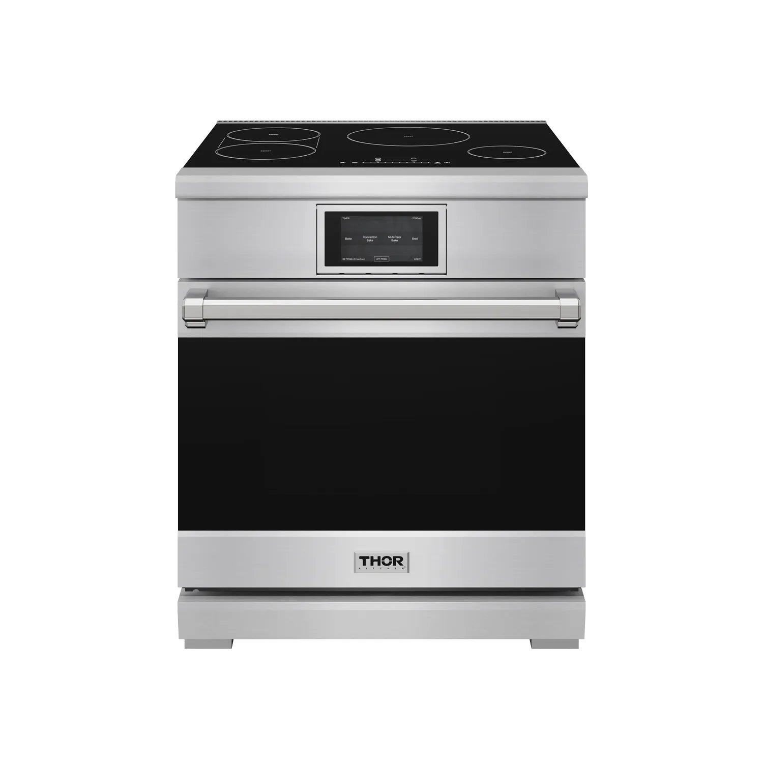 Stainless steel induction range front view with black cooktop and display