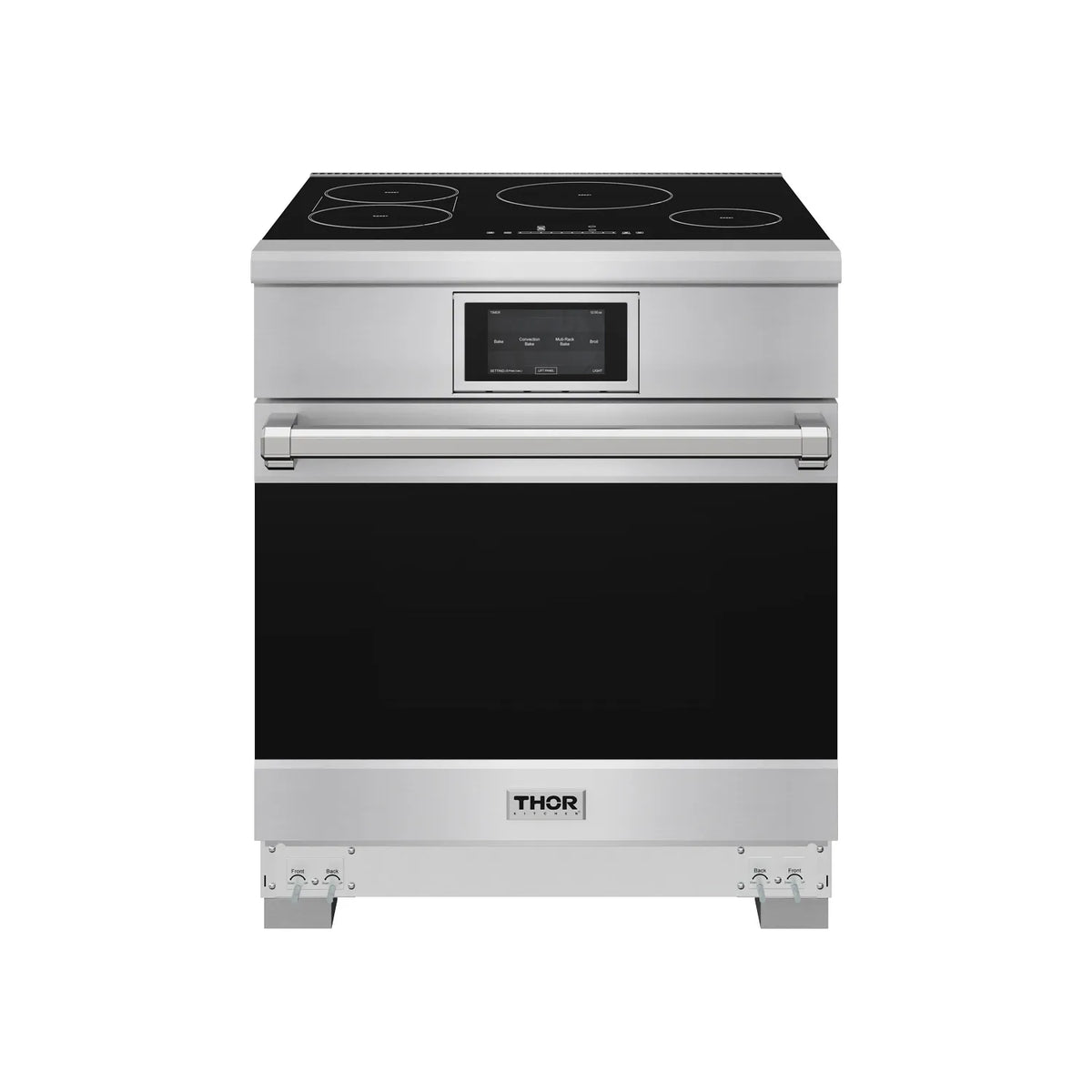 Stainless steel induction range with black cooktop and front control display