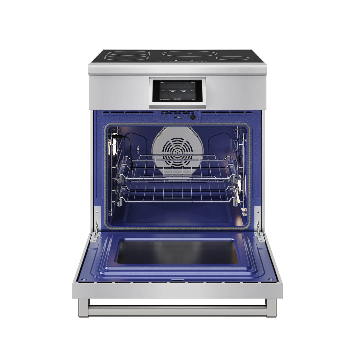 Stainless steel induction range with oven door open and interior rack supports