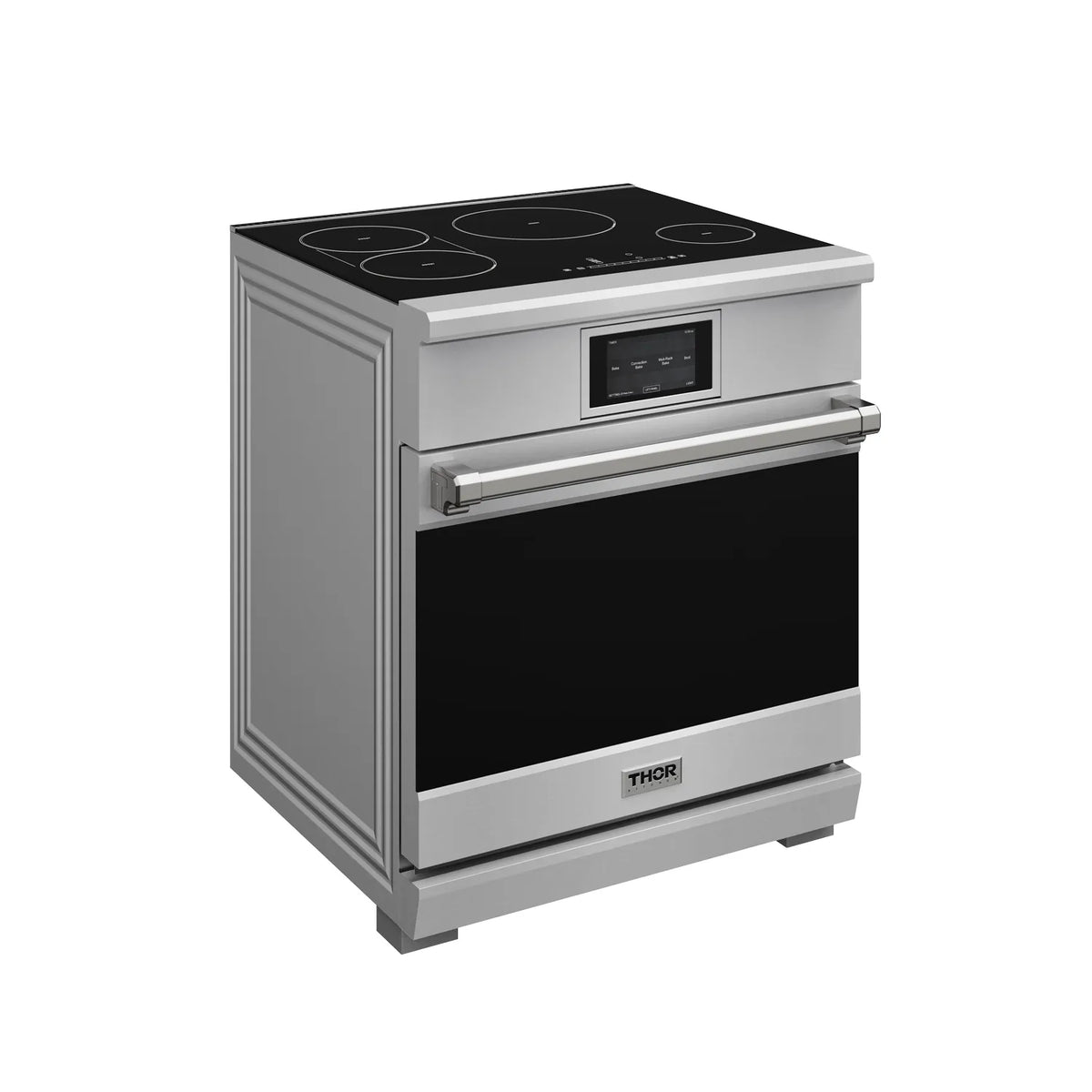 Stainless steel induction range side view with black cooktop and control panel