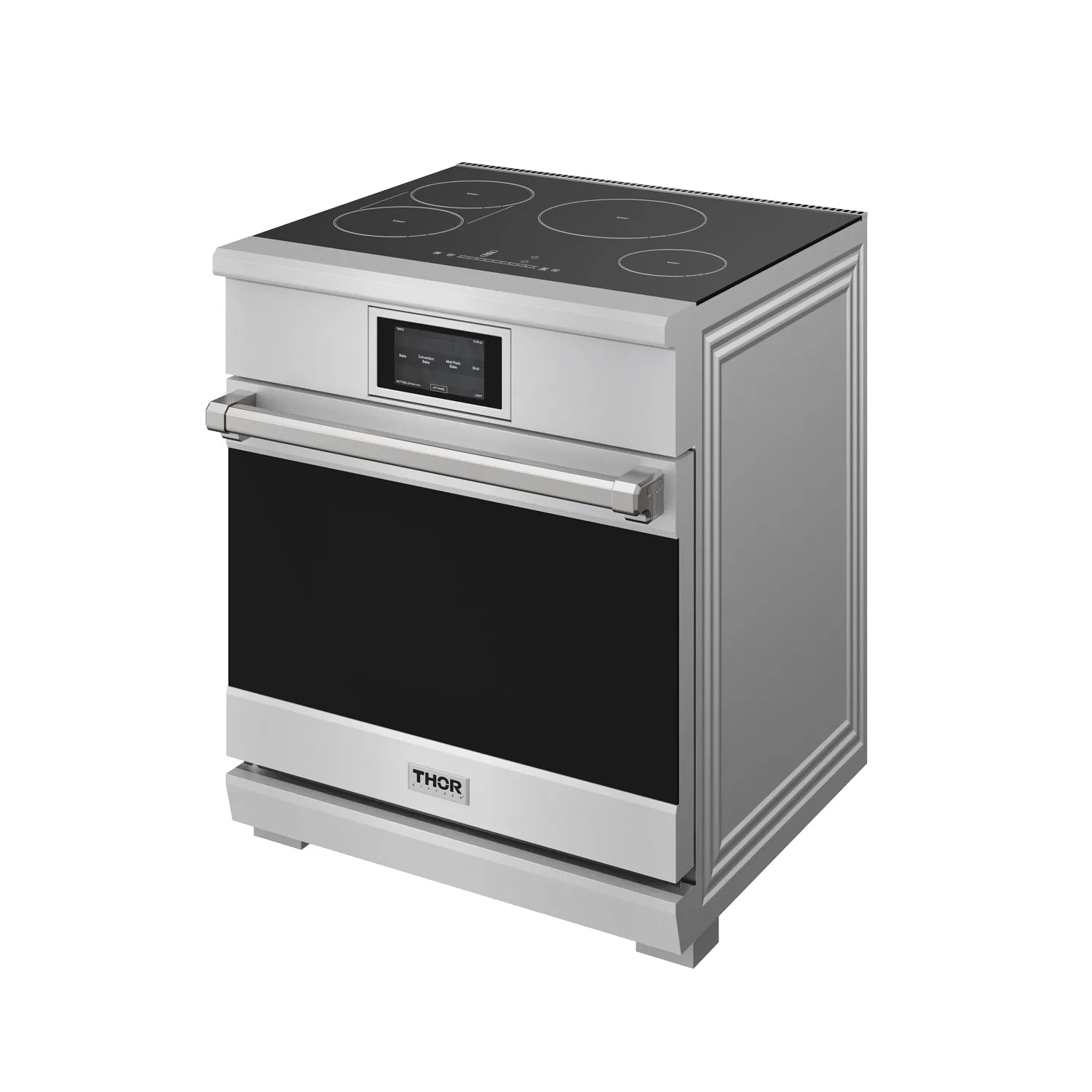 Stainless steel induction range with black oven door and cooktop elements