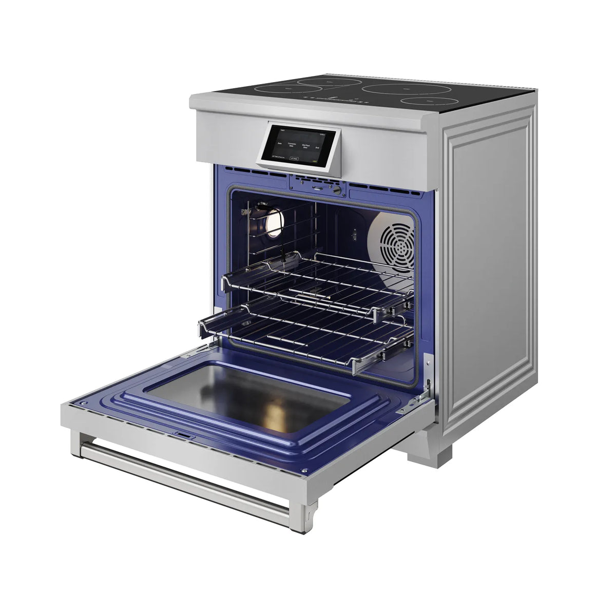 Stainless steel induction range with oven door open and blue-lit interior