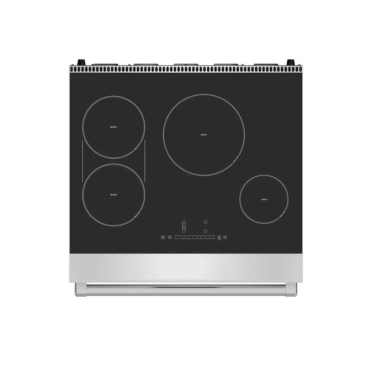 Black glass induction cooktop with four heating zones and indicator controls