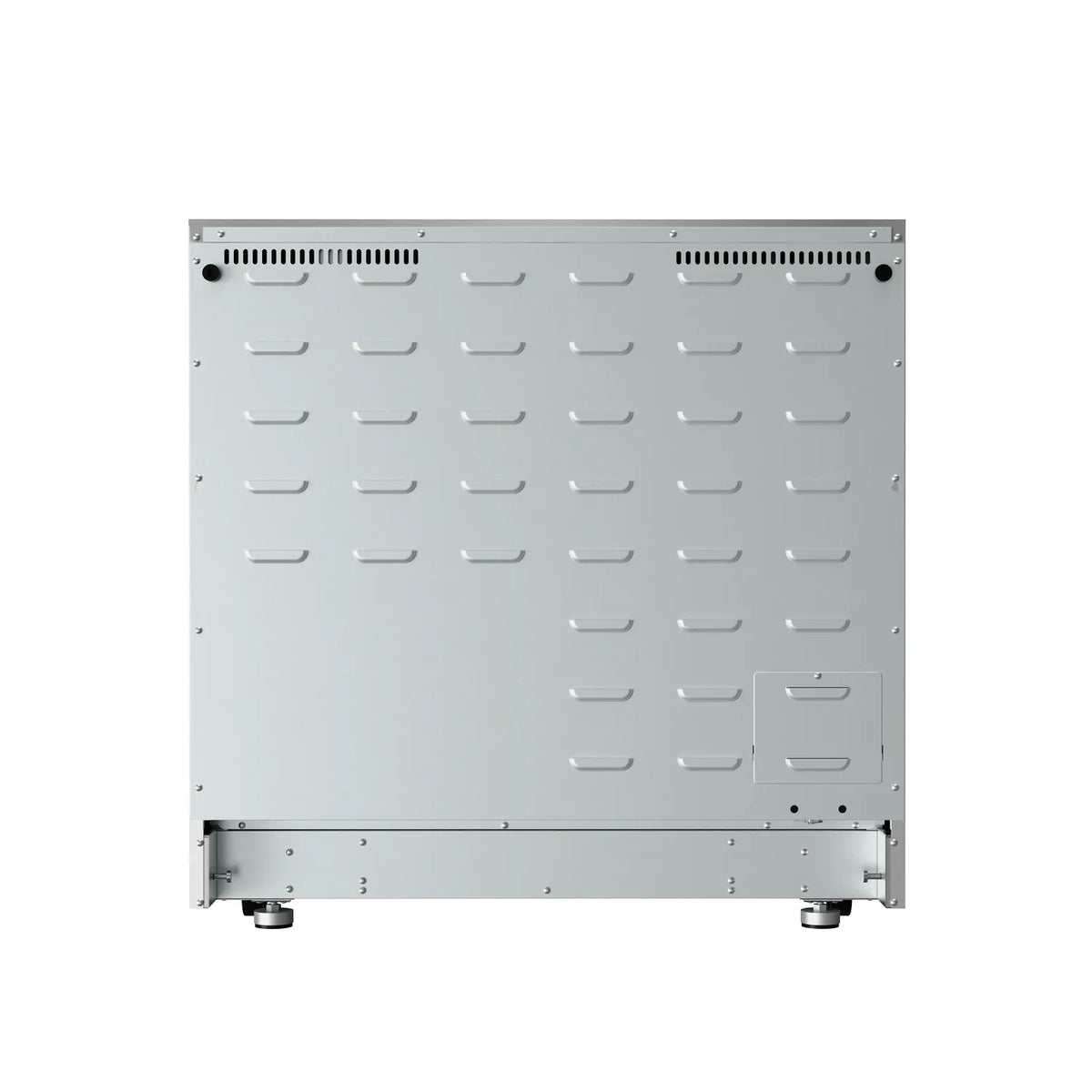 Stainless steel induction range back panel with vent slots and mounting feet