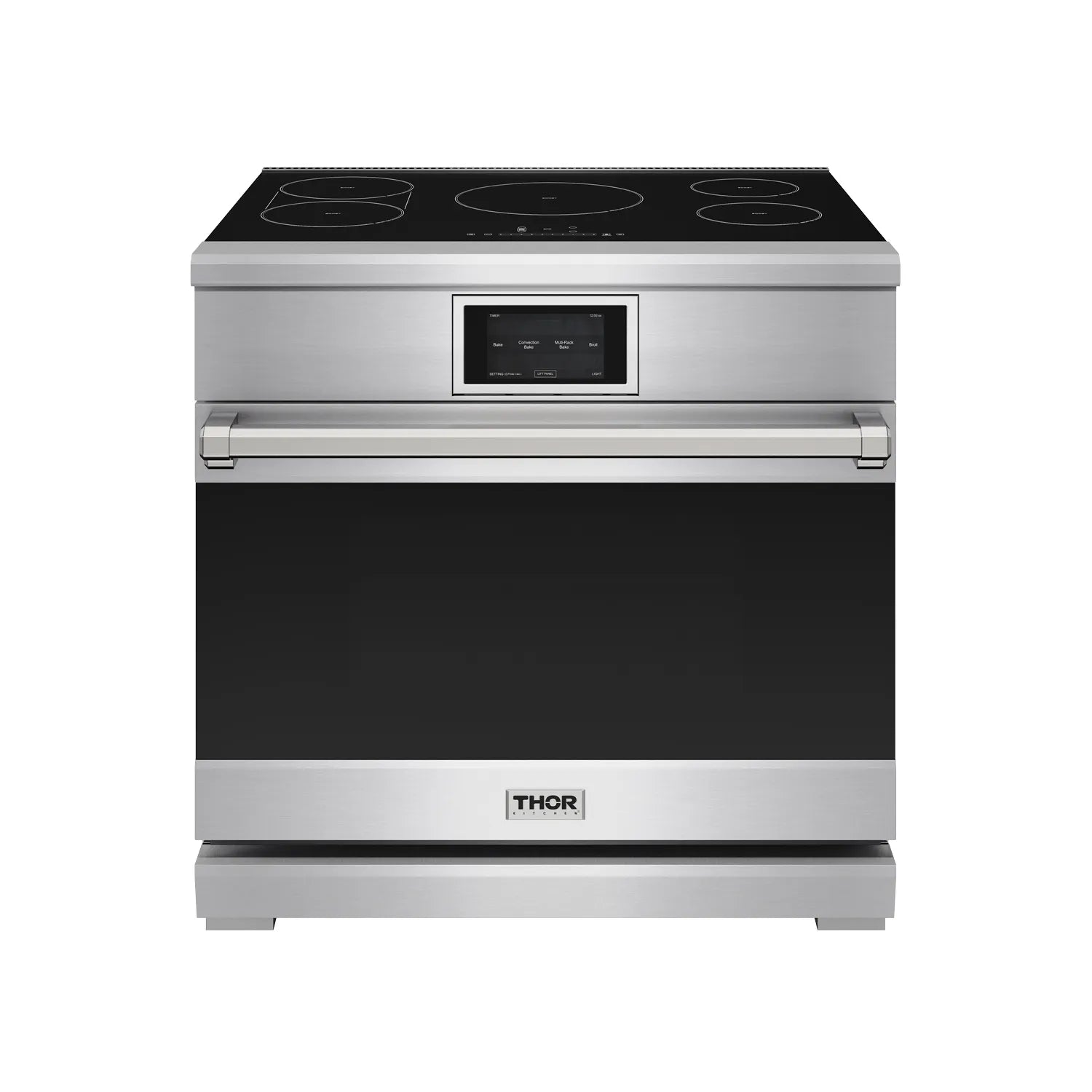Stainless steel induction range with black glass cooktop and front control panel