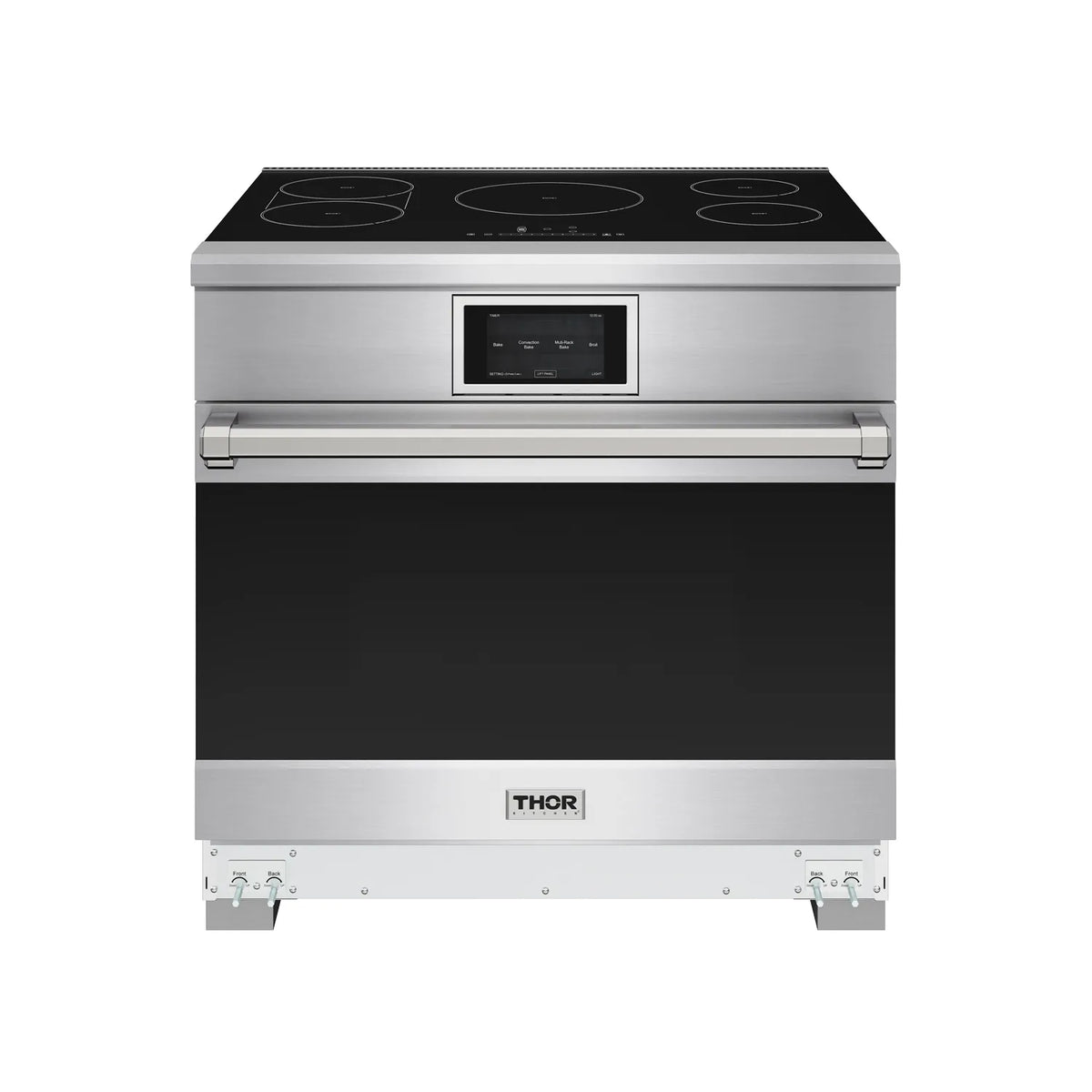 Stainless steel induction range front view with black cooktop and oven door