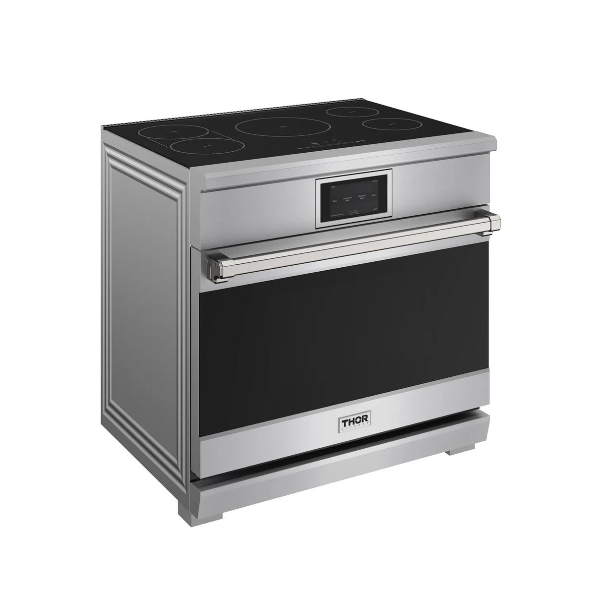 Stainless steel induction range angled view with black cooktop and oven window