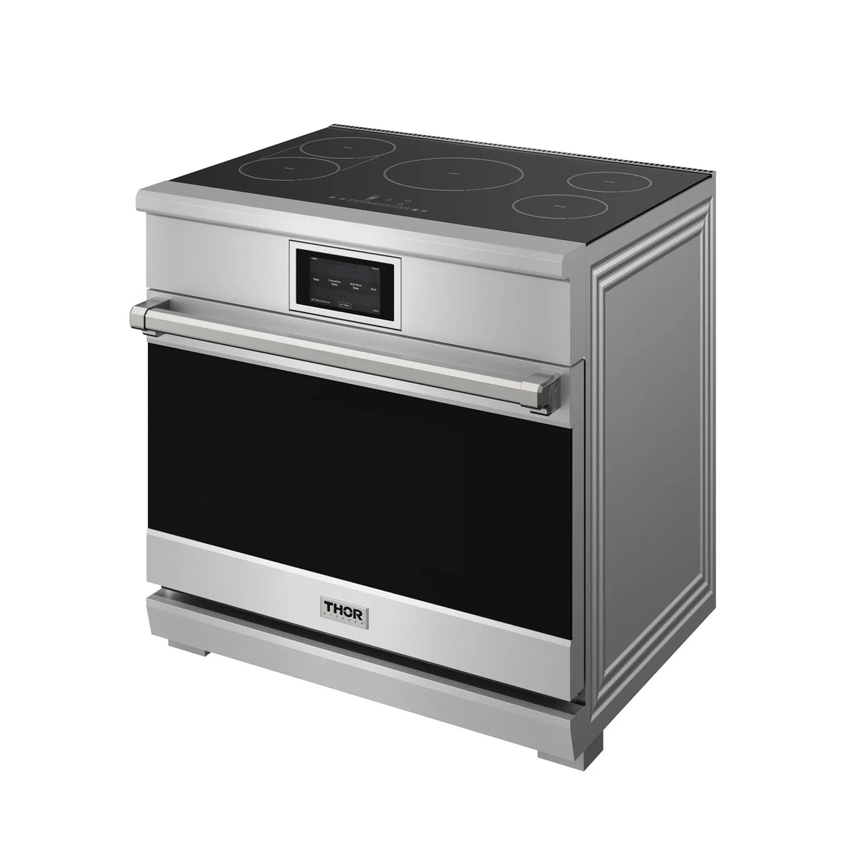 Stainless steel induction range oven with black glass cooktop, side view