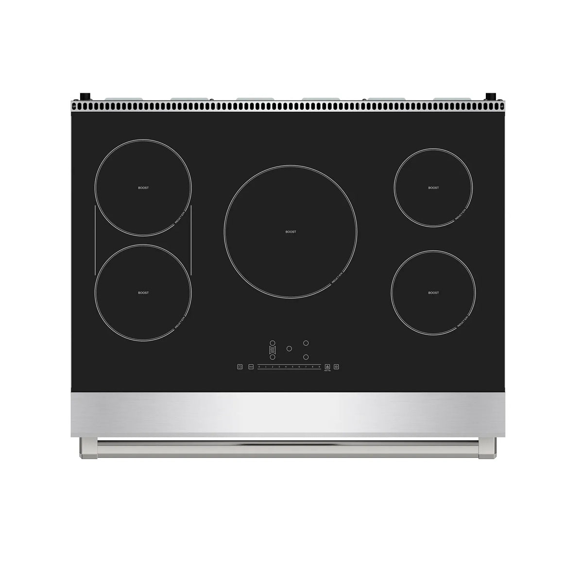 Stainless steel induction cooktop with five circular burner zones and control icons