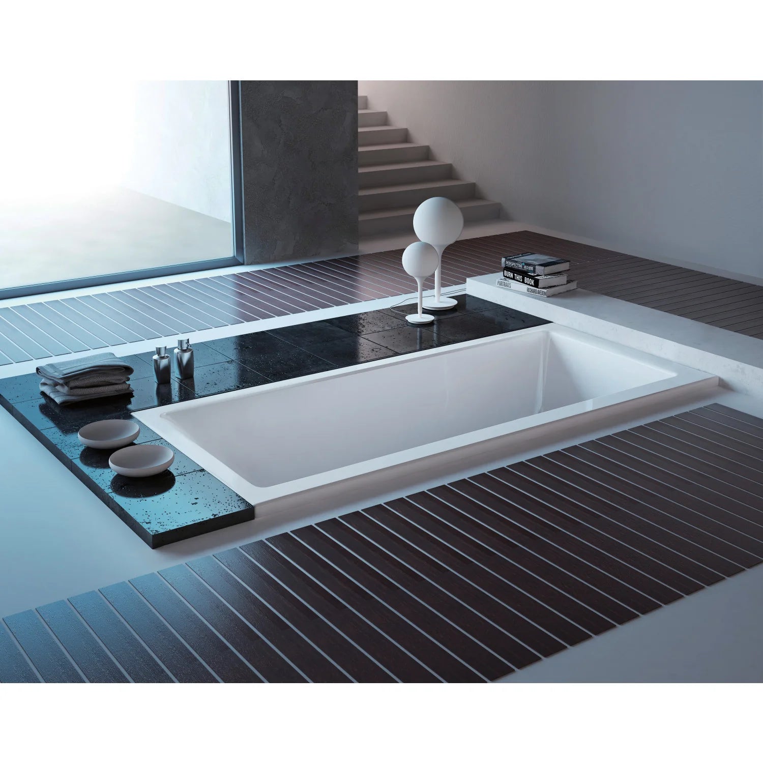 Glossy white rectangular acrylic drop-in tub with center drain in modern bathroom