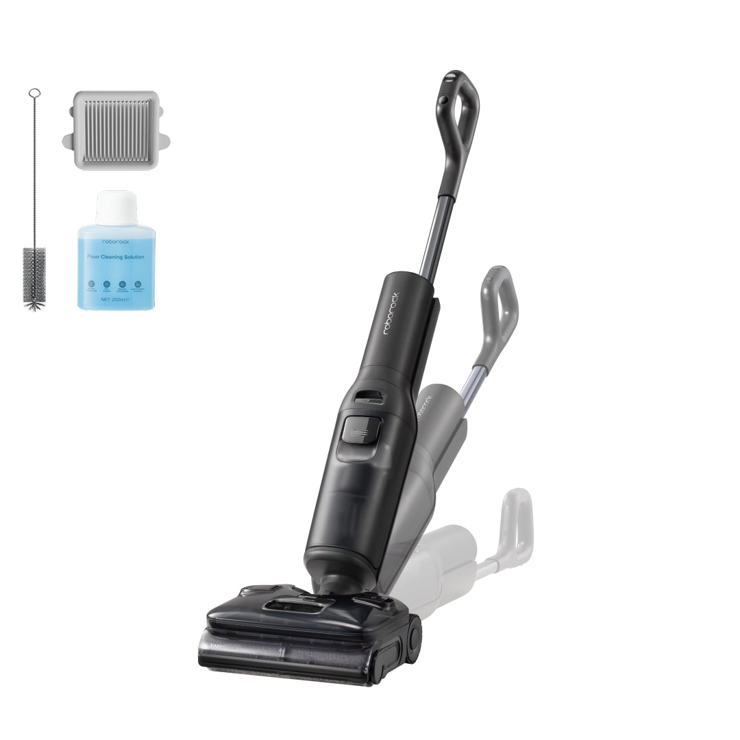 Black wet-dry floor vacuum with steam mop head and included cleaning solution bottle