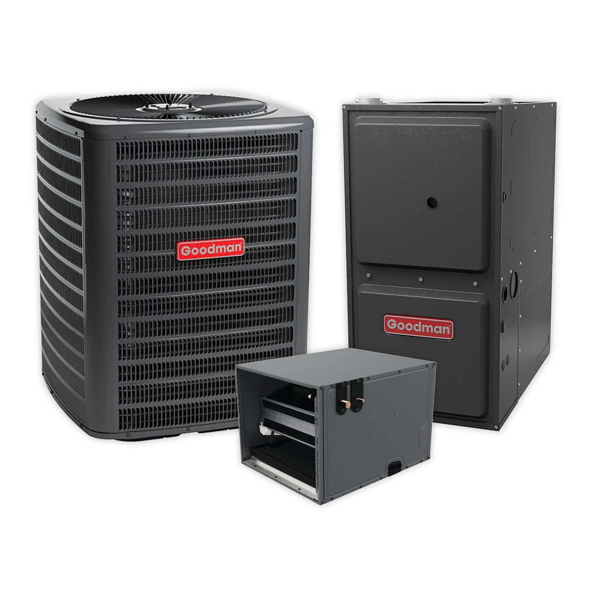 Goodman 2 Ton 14.3 SEER2 R-32 Heat Pump, 96% AFUE 40K BTU Gas Furnace and Evaporator Coil