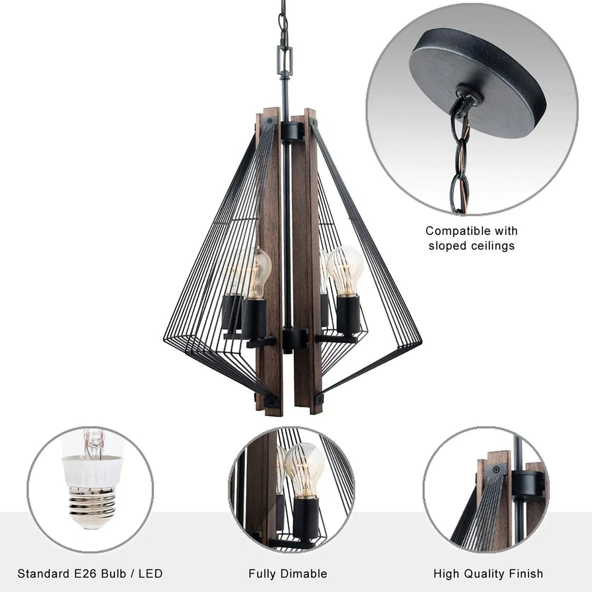 Black and wood 4-light pendant with visible exposed bulbs in wire cage shades