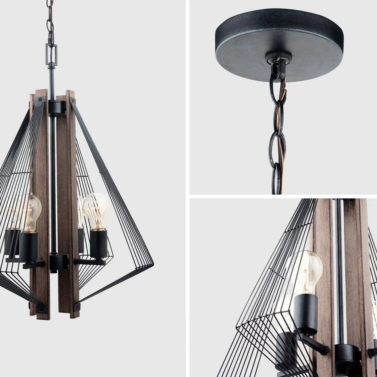 Black and wood island pendant light with four exposed bulbs in wire cage shades