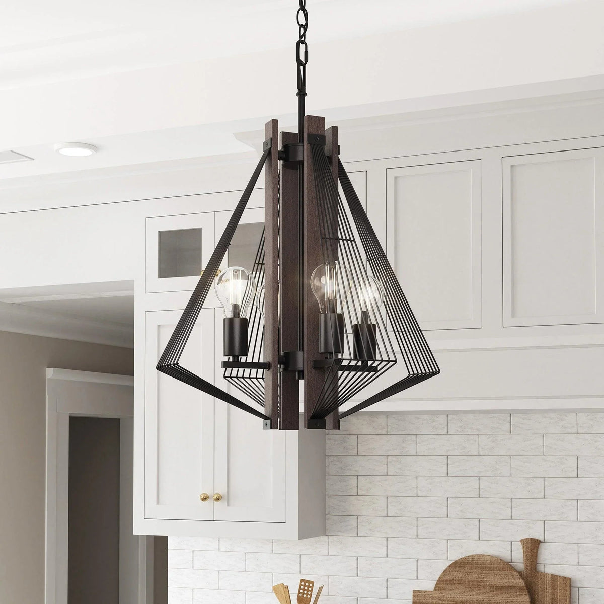 Black and wood island pendant chandelier with four wire cage shades and exposed bulbs
