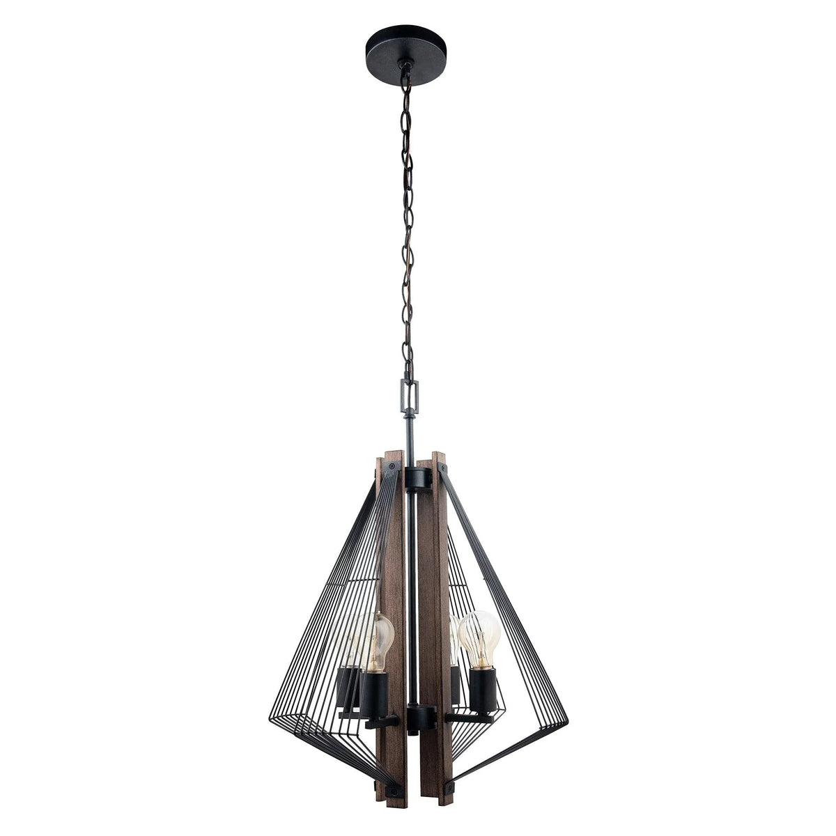 Black and wood island pendant light with four wire cage shades hanging from a chain