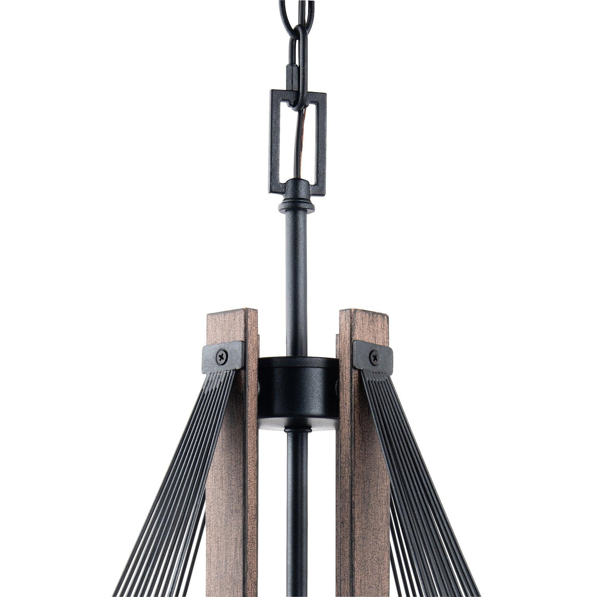 Black metal and wood top frame on a hanging chain for an island pendant light